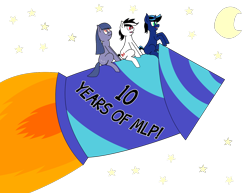 Size: 1402x1080 | Tagged: safe, artist:the luna fan, derpibooru exclusive, oc, oc only, oc:cosmia nebula, oc:the luna fan, oc:white lie, pony, mlp fim's tenth anniversary, 10, discussion in the comments, fire, flying, happy birthday mlp:fim, moon, night, open mouth, rocket, simple background, sitting, smiling, transparent background, trio