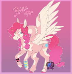 Size: 2007x2051 | Tagged: safe, artist:dark--drawz, pinkie pie, pegasus, pony, g4, female, high res, mare, pink background, race swap, redesign, signature, simple background, smiling, solo, spread wings, wings
