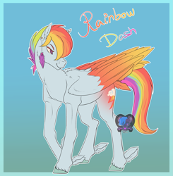 Size: 2007x2051 | Tagged: safe, artist:dark--drawz, rainbow dash, pegasus, pony, g4, blue background, colored wings, ear piercing, earring, feathered fetlocks, female, high res, jewelry, mare, piercing, redesign, signature, simple background, smiling, solo, wings