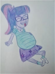 Size: 960x1280 | Tagged: source needed, safe, artist:dex stewart, sci-twi, twilight sparkle, human, equestria girls, g4, belly, big belly, eyes closed, female, glasses, post-vore, simple background, smiling, solo, stuffed, tongue out, traditional art, twipred, vore
