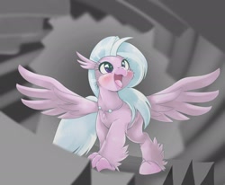 Size: 2166x1782 | Tagged: safe, artist:kurogewapony, silverstream, hippogriff, g4, blushing, cheek fluff, cute, diastreamies, female, filly, happy, looking up, open mouth, smiling, solo, spread wings, stairs, starry eyes, that hippogriff sure does love stairs, wingding eyes, wings