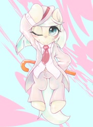 Size: 1639x2233 | Tagged: safe, artist:kurogewapony, coco pommel, earth pony, pony, g4, bipedal, blushing, cane, clothes, female, looking at you, mare, one eye closed, outfit, solo
