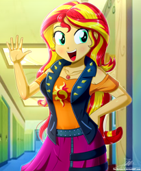 Size: 1784x2163 | Tagged: safe, artist:the-butch-x, sunset shimmer, equestria girls, g4, my little pony equestria girls: better together, arms, breasts, bust, busty sunset shimmer, canterlot high, clothes, cute, cutie mark, cutie mark on clothes, door, female, fingers, geode of empathy, hallway, hand, happy, jacket, jewelry, leather, leather vest, lockers, long hair, looking at you, magical geodes, necklace, open mouth, open smile, redraw, rework, school, shimmerbetes, short sleeves, shoulderless, signature, skirt, smiling, solo, standing, teenager, teeth, top, vest, waving, waving at you