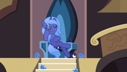 Size: 6452x3629 | Tagged: safe, artist:inaactive, edit, editor:slayerbvc, princess luna, alicorn, pony, g4, accessory-less edit, bare hooves, castle of the royal pony sisters, crossed legs, crown, discarded clothing, female, hoof shoes, jewelry, missing accessory, peytral, regalia, s1 luna, sitting, solo, throne, undressed