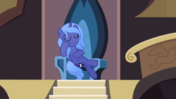 Size: 6452x3629 | Tagged: safe, artist:inaactive, edit, editor:slayerbvc, princess luna, alicorn, pony, g4, accessory-less edit, bare hooves, castle of the royal pony sisters, crossed legs, female, missing accessory, s1 luna, sitting, solo, throne