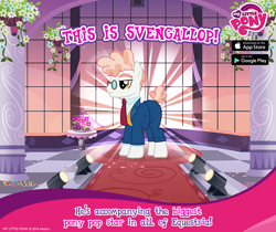 Size: 940x788 | Tagged: safe, gameloft, svengallop, earth pony, pony, g4, official, captain obvious, flower, glasses, introduction card, male, my little pony logo, necktie, solo, stallion, text