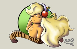 Size: 2998x1909 | Tagged: safe, artist:wirlog, applejack, earth pony, pony, g4, chest fluff, eyes closed, female, flowing mane, headphones, loose hair, mare, solo