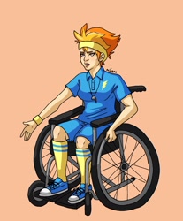 Size: 1704x2055 | Tagged: safe, artist:ameliacostanza, spitfire, human, g4, clothes, converse, humanized, orange background, shirt, shoes, shorts, simple background, solo, wheelchair