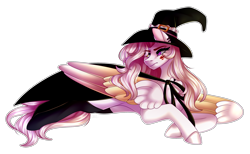 Size: 2610x1611 | Tagged: safe, artist:birdbiscuits, oc, oc only, oc:mrochina, pegasus, pony, colored wings, female, hat, lying down, mare, multicolored wings, prone, simple background, solo, transparent background, wings, witch hat
