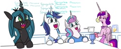 Size: 1327x536 | Tagged: safe, artist:jargon scott, artist:tjpones edits, edit, princess cadance, princess flurry heart, queen chrysalis, shining armor, alicorn, changeling, changeling queen, pony, unicorn, g4, :d, apron, bipedal, cadance is not amused, chalice, clothes, comic, cute, cutealis, father and child, father and daughter, female, flurrybetes, food, glasses, horn, housewife, husband and wife, implied chrysarmordance, implied infidelity, implied shining chrysalis, implied shipping, implied straight, like father like daughter, like parent like child, long horn, macaroni, male, mare, mother and child, mother and daughter, necktie, nerd, nerdy heart, older, older flurry heart, oven mitts, pasta, sharp teeth, shining adorable, smiling, spongebob squarepants, stallion, sweater, sweet dreams fuel, teeth, unamused