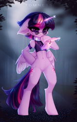 Size: 2120x3348 | Tagged: safe, artist:shenki, twilight sparkle, alicorn, semi-anthro, g4, alternate hairstyle, arm hooves, belly button, bipedal, bottomless, clothes, collar, ear piercing, featureless crotch, female, floppy ears, glasses, high res, magic, mare, notepad, partial nudity, piercing, short mane, solo, telekinesis, twilight sparkle (alicorn)