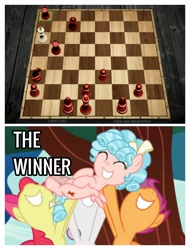 Size: 2522x3326 | Tagged: safe, edit, edited screencap, screencap, apple bloom, cozy glow, scootaloo, sweetie belle, earth pony, pegasus, pony, unicorn, g4, marks for effort, belly, chess, chessboard, cutie mark crusaders, high res, horn, pwned