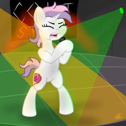 Size: 1200x1200 | Tagged: safe, artist:dafiltafish, sweetie belle, pony, unicorn, g4, alternate hairstyle, belly button, bipedal, female, filly, microphone, rock (music), rock star, singing, solo, spotlight, teenager