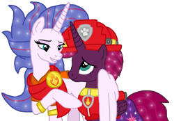 Size: 1556x1080 | Tagged: safe, artist:徐詩珮, fizzlepop berrytwist, tempest shadow, oc, oc:aurora (tempest's mother), alicorn, pony, series:sprglitemplight diary, series:sprglitemplight life jacket days, series:springshadowdrops diary, series:springshadowdrops life jacket days, g4, alicornified, alternate universe, clothes, female, lifejacket, marshall (paw patrol), mother and child, mother and daughter, older, older tempest shadow, paw patrol, race swap, simple background, tempesticorn, transparent background