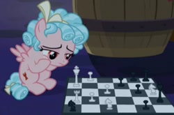 Size: 714x470 | Tagged: safe, screencap, cozy glow, pony, g4, the summer sun setback, barrel, chess, chessboard, cropped, solo