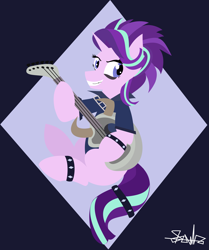 Size: 4455x5336 | Tagged: safe, artist:samsailz, starlight glimmer, pony, unicorn, g4, bags under eyes, edgelight glimmer, electric guitar, female, guitar, heavy metal, lineless, looking back, mare, musical instrument, punk, punk rock, rock (music), sitting, smiling, solo