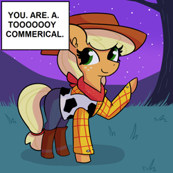 Size: 1024x1024 | Tagged: safe, artist:tjpones edits, edit, applejack, earth pony, pony, g4, boots, clothes, costume, cowboy boots, cute, female, halloween, halloween costume, holiday, jackabetes, mare, misspelling, neckerchief, night, plaid shirt, shirt, shoes, solo, toy story, vest, waving, woody