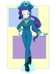 Size: 1668x2224 | Tagged: safe, artist:batipin, gameloft, rarity, equestria girls, g4, alternate hairstyle, boots, clothes, female, gameloft interpretation, geometric background, hat, high heel boots, navy, one eye closed, shoes, solo, tricorne, wink