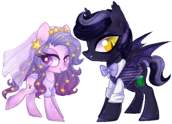 Size: 488x353 | Tagged: safe, artist:misspinka, oc, oc only, oc:dr. philter, oc:sweet stars, bat pony, pony, bowtie, clothes, female, male, mare, shirt, simple background, stallion, transparent background, veil, vest