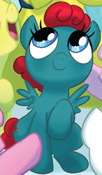 Size: 596x1022 | Tagged: safe, artist:amy mebberson, artist:jay fosgitt, idw, heart throb, spitfire, pegasus, pony, g1, g4, spoiler:comic, spoiler:comicff11, cloudsdale, cropped, cute, female, filly, g1 to g4, generation leap, offscreen character, smiling, solo focus, unnamed character, unnamed pony