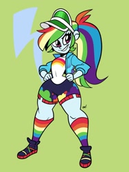 Size: 1024x1365 | Tagged: dead source, safe, artist:justindurden, rainbow dash, equestria girls, festival filters, g4, my little pony equestria girls: better together, clothes, female, hand on hip, looking at you, music festival outfit, ponytail, rainbow socks, shorts, smiling, socks, solo, striped socks, thighs, wide hips
