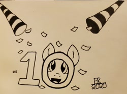 Size: 3024x2242 | Tagged: safe, artist:feralroku, derpibooru exclusive, pony, mlp fim's tenth anniversary, 10, confetti, happy birthday mlp:fim, high res, party horn, traditional art