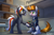 Size: 3000x2000 | Tagged: safe, artist:jedayskayvoker, oc, oc only, oc:littlepip, oc:velvet remedy, pony, unicorn, fallout equestria, blushing, clothes, cutie mark, duo, fanfic, fanfic art, gay, high res, hooves, horn, jacket, jumpsuit, male, open mouth, pipbuck, raised hoof, rule 63, sitting, stallion, standing, vault suit