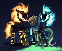 Size: 3320x2720 | Tagged: safe, artist:kaleido-art, oc, oc only, oc:appolonia, pony, comic:the lost sun, armor, blue fire, commission, digital painting, fire, glowing eyes, high res, magicorn, reunion, trio