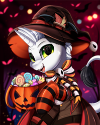 Size: 2550x3209 | Tagged: safe, artist:pridark, part of a set, oc, oc only, oc:ghost note, pony, unicorn, candy, clothes, commission, food, halloween, hat, high res, holiday, horn, jack-o-lantern, open mouth, pumpkin, raffle winner, socks, solo, striped socks, witch hat, ych result
