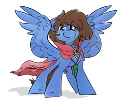 Size: 795x677 | Tagged: safe, artist:mulberrytarthorse, artist:sugar morning, oc, oc only, oc:bizarre song, pegasus, pony, broken horn, cape, clothes, eyebrows, eyebrows visible through hair, feathered wings, horn, jewelry, looking at you, male, messy mane, necklace, simple background, smiling, smirk, solo, spread wings, stallion, standing, white background, wings