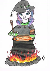 Size: 1231x1731 | Tagged: safe, artist:assertiveshypony, potion nova, pony, unicorn, campfire, cauldron, clothes, cup, drawing, female, hat, looking at you, potion, simple background, socks, traditional art, white background, witch, witch hat
