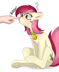 Size: 2500x3000 | Tagged: safe, artist:chibadeer, roseluck, earth pony, human, pony, behaving like a cat, blushing, boop, chest fluff, collar, commissioner:doom9454, confused, cute, cuteluck, daaaaaaaaaaaw, ear fluff, female, floppy ears, fluffy, frown, hand, high res, mare, neck fluff, pet tag, pony pet, question mark, rosepet, shoulder fluff, simple background, sitting, solo focus, underhoof, white background, wide eyes