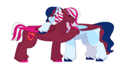 Size: 1280x640 | Tagged: safe, artist:itstechtock, oc, oc only, oc:love ribbons, oc:ruby, pegasus, pony, female, hug, mare, simple background, transparent background, two toned wings, wings