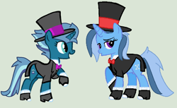 Size: 1226x752 | Tagged: safe, artist:jadeharmony, artist:twidashfan1234, oc, oc only, oc:twinkle mint, oc:wondermint, pony, unicorn, icey-verse, g4, base used, bowtie, clothes, coat, duo, female, gray background, hat, high heels, hoof shoes, magical lesbian spawn, mare, multicolored hair, offspring, open mouth, parent:minuette, parent:trixie, parents:minixie, raised hoof, shirt, shoes, siblings, simple background, sisters, socks, suit, top hat