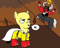Size: 1051x847 | Tagged: safe, artist:logan jones, lord tirek, centaur, pony, g4, twilight's kingdom, 2 panel comic, comic, male, ok, one punch man, ponified, rule 85, saitama, this will end in death, this will end in one punch, tirek is doomed