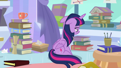 Size: 1280x720 | Tagged: safe, screencap, twilight sparkle, alicorn, pony, g4, the ending of the end, book, floppy ears, sad, solo, twilight sparkle (alicorn)