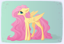 Size: 1280x884 | Tagged: safe, artist:justeuge, fluttershy, pegasus, pony, g4, blushing, cheek fluff, chest fluff, colored pupils, ear fluff, female, floppy ears, looking at you, mare, solo, standing, three quarter view, wings