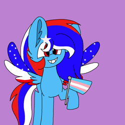 Size: 1378x1378 | Tagged: safe, artist:circuspaparazzi5678, oc, oc only, oc:liberty, pegasus, pony, female, grin, hoof hold, mare, multicolored hair, pride, pride flag, purple background, simple background, smiling, solo, trans female, transgender, transgender pride flag
