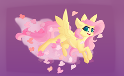 Size: 1280x789 | Tagged: safe, artist:justeuge, fluttershy, butterfly, pegasus, pony, g4, blush sticker, blushing, cheek fluff, cute, female, flying, looking at you, mare, open mouth, shyabetes, smiling, solo, spread wings, three quarter view, wings
