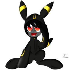 Size: 2300x2233 | Tagged: safe, artist:almaustral, oc, oc only, earth pony, pony, umbreon, :d, clothes, costume, earth pony oc, high res, kigurumi, open mouth, pokémon, signature, simple background, smiling, solo, white background