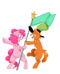 Size: 785x960 | Tagged: artist needed, safe, pinkie pie, earth pony, pony, g4, crossover, duo, eye contact, flag, hashtag, hat, looking at each other, ponified, savewoy, simple background, sweet dreams fuel, wander (wander over yonder), wander over yonder, white background