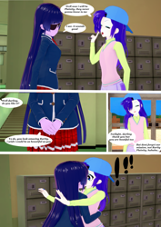 Size: 2971x4200 | Tagged: safe, artist:legions20, rarity, twilight sparkle, comic:closet adventures, equestria girls, g4, 3d, alternate hairstyle, clothes, comic, disguise, eyepatch, eyepatch (disguise), female, kissing, koikatsu, lesbian, plainity, school uniform, ship:rarilight, shipping, surprise kiss, surprised