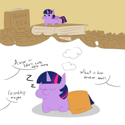 Size: 5315x5315 | Tagged: safe, artist:thatsbadboi, twilight sparkle, alicorn, pony, g4, absurd resolution, blanket, book, comic, dialogue, eyes closed, female, mare, offscreen character, onomatopoeia, simple background, sleeping, solo, sound effects, squatpony, that pony sure does love books, twiggie, twilight sparkle (alicorn), zzz