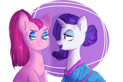Size: 3000x2000 | Tagged: safe, artist:ranillopa, pinkie pie, rarity, earth pony, pony, unicorn, g4, angry, blushing, chest fluff, cross-popping veins, female, high res, lesbian, open mouth, pigtails, ship:raripie, shipping, vein, vein bulge