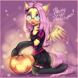Size: 2000x2000 | Tagged: safe, artist:zefirka, fluttershy, pegasus, semi-anthro, g4, ^w^, abstract background, arm hooves, bodice, clothes, costume, dress, ear fluff, evening gloves, fishnet stockings, glasses, gloves, hair accessory, halloween, halloween costume, high res, holiday, jack-o-lantern, kneeling, long gloves, looking at you, open mouth, pumpkin, round glasses, sitting, smiling, socks, solo, spread wings, stockings, thigh highs, three quarter view, underhoof, wings