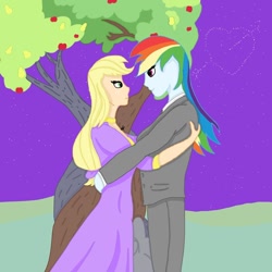 Size: 1000x1000 | Tagged: safe, artist:artiststr, applejack, rainbow dash, equestria girls, g4, apple, apple tree, breasts, clothes, dress, female, food, hair tie, intertwined trees, jewelry, lesbian, love, necklace, night, pants, pear, pear tree, ship:appledash, shipping, stars, suit, tree, vest