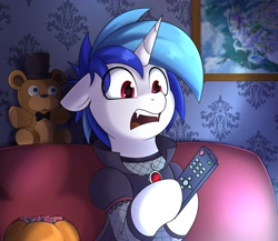 Size: 4096x3556 | Tagged: safe, artist:felixf, dj pon-3, vinyl scratch, bear, pony, unicorn, vampire, vampony, g4, candy, clothes, costume, couch, crossover, dress, fangs, female, five nights at freddy's, food, freddy fazbear, halloween, holding, holiday, mare, open mouth, plushie, pumpkin, remote control, shocked, solo, surprised