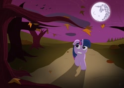 Size: 1024x724 | Tagged: safe, artist:fskindness, twilight sparkle, bat, pony, mlp fim's tenth anniversary, g4, female, halloween, happy birthday mlp:fim, holiday, leaves, mare in the moon, moon, night, scared, solo, spooky, tree, tree branch