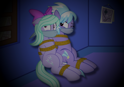 Size: 2843x1997 | Tagged: safe, artist:radiantrealm, cloudchaser, flitter, pegasus, pony, g4, bondage, bound, bound and gagged, bound together, cloth gag, damsel in distress, female, gag, help us, kidnapped, mare, night, one eye closed, over the nose gag, rope, rope bondage, scared, shocked, siblings, sisters, tied up
