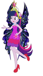 Size: 404x705 | Tagged: safe, artist:selenaede, artist:user15432, twilight sparkle, alicorn, fairy, human, equestria girls, g4, bare shoulders, base used, big crown thingy, blue wings, clothes, colored wings, crown, cutie mark, cutie mark on clothes, dress, element of magic, fairy wings, fairyized, gradient wings, high heels, jewelry, necklace, pink shoes, ponied up, purple dress, purple wings, regalia, shoes, simple background, solo, strapless, transparent background, twilight sparkle (alicorn), wings